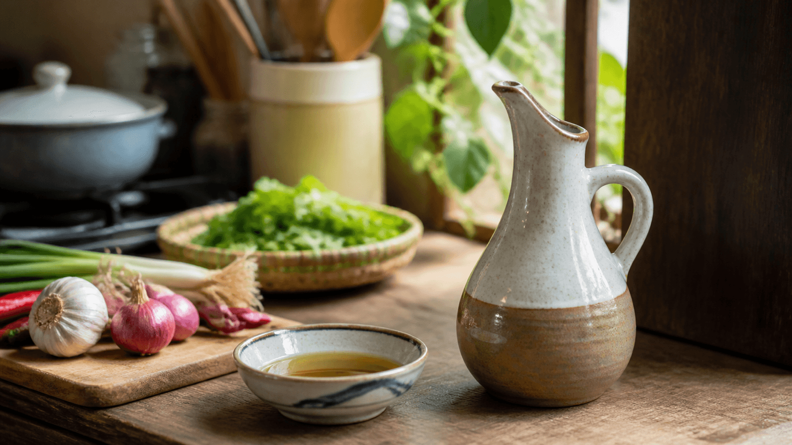 Bình gốm nhỏ có vòi rót đặt cạnh dầu ăn trên bàn bếp