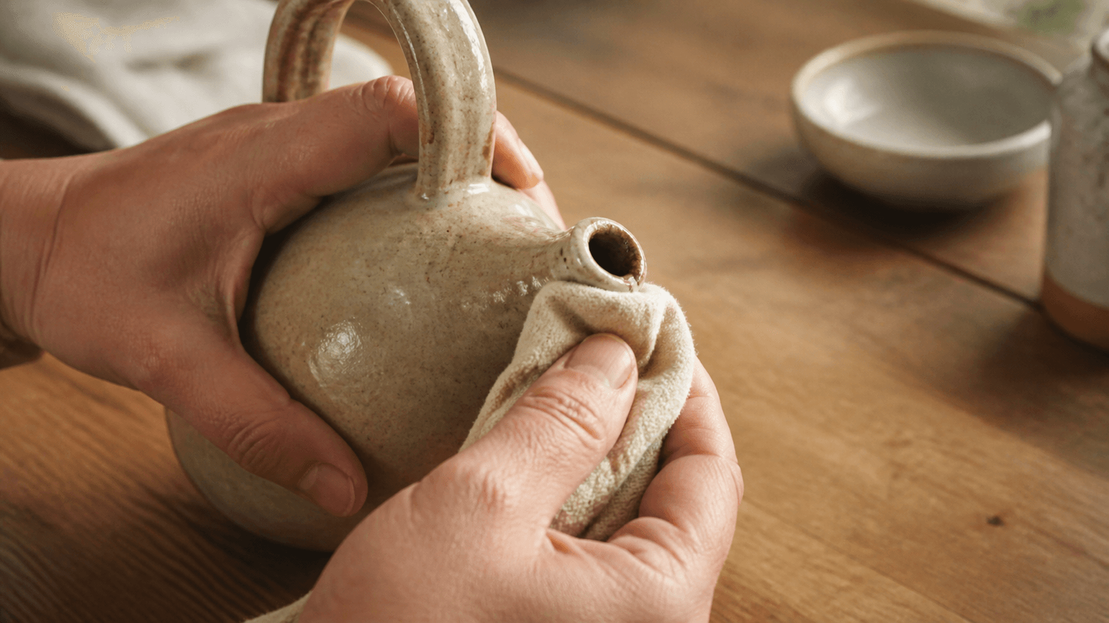 Người lau phần vòi rót của bình gốm bằng khăn mềm