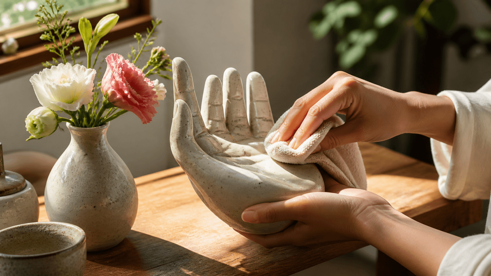 Người chăm lọ hoa gốm với khăn mềm và cành hoa tươi