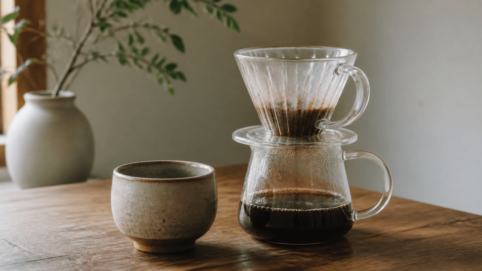 Ly cà phê gốm nhỏ đặt cạnh bình pha trên bàn gỗ