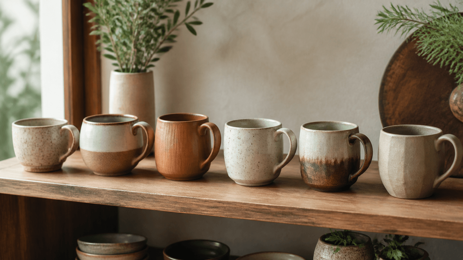 Kệ gỗ với các ly cà phê gốm được xếp cách nhau