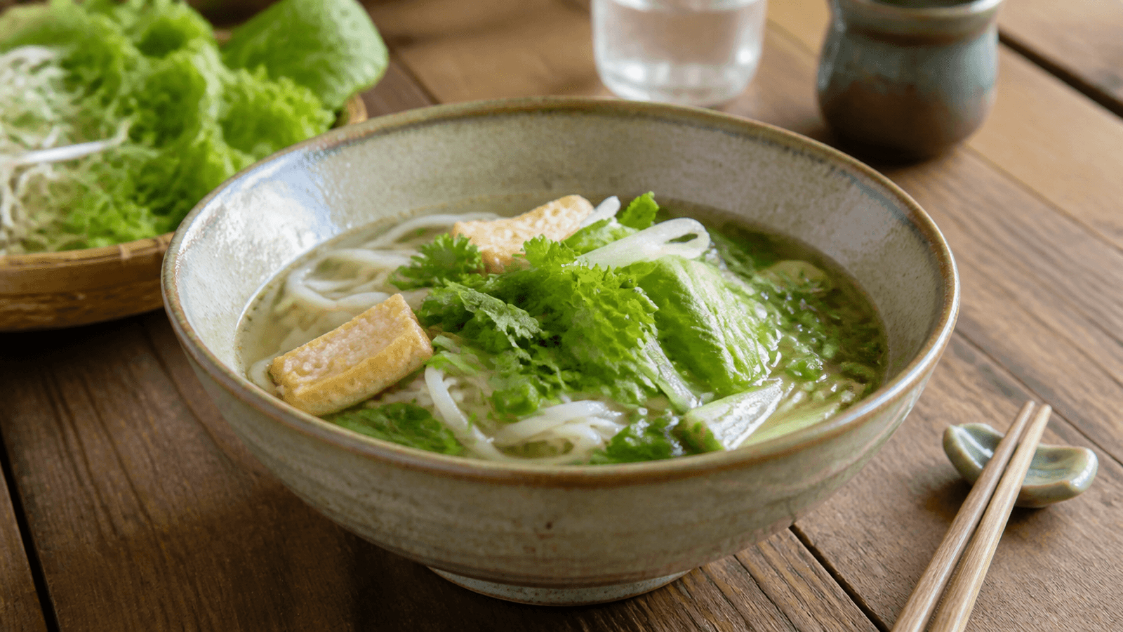 Bát tô gốm đựng món nước với rau và đũa trên bàn ăn