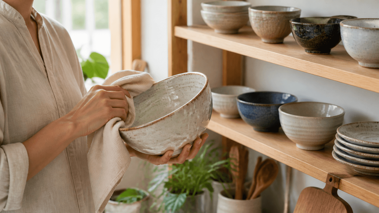 Bát tô gốm được lau khô và xếp gọn trên kệ bếp