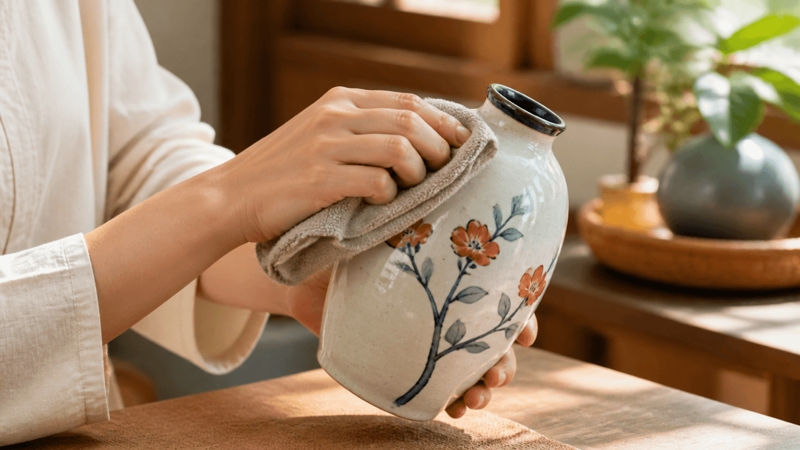 Người dùng khăn mềm làm sạch bình hoa trang trí