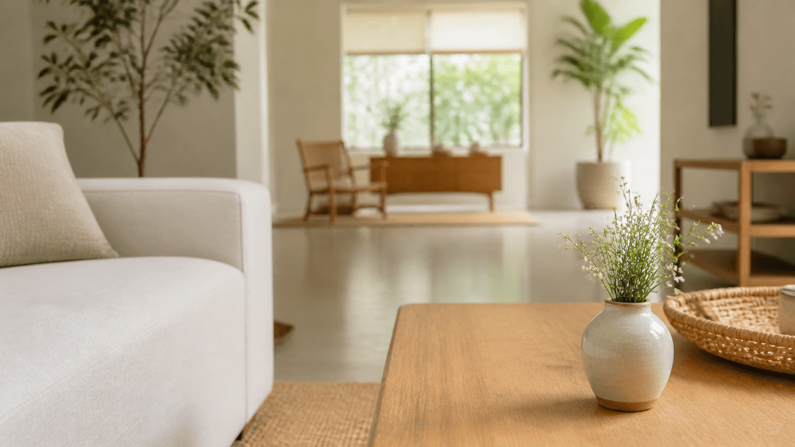 Bình hoa nhỏ đặt ở góc bàn trà trong phòng khách sáng
