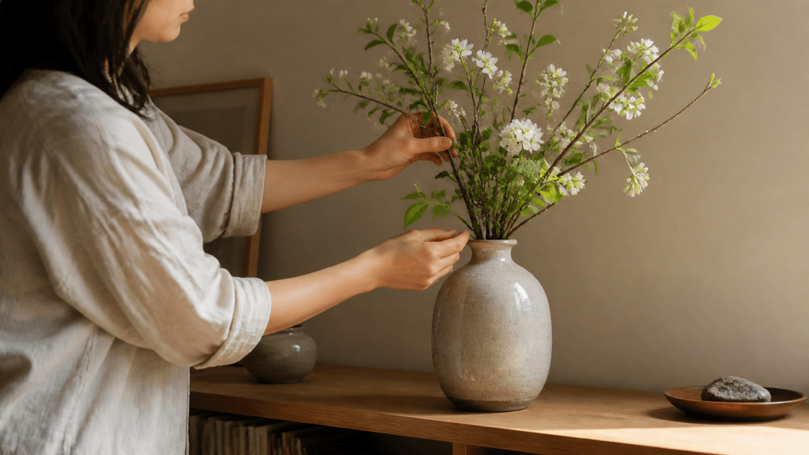 Người điều chỉnh vài cành hoa trong bình trên kệ phòng khách