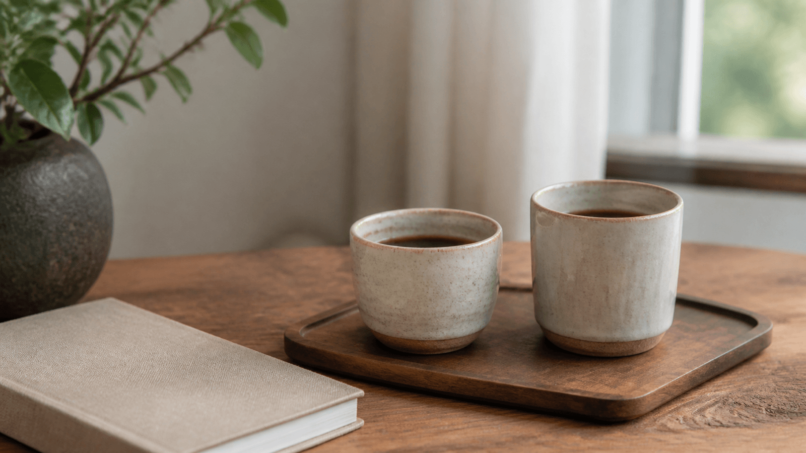Hai cốc cà phê gốm đặt trên khay nhỏ cạnh sổ tay
