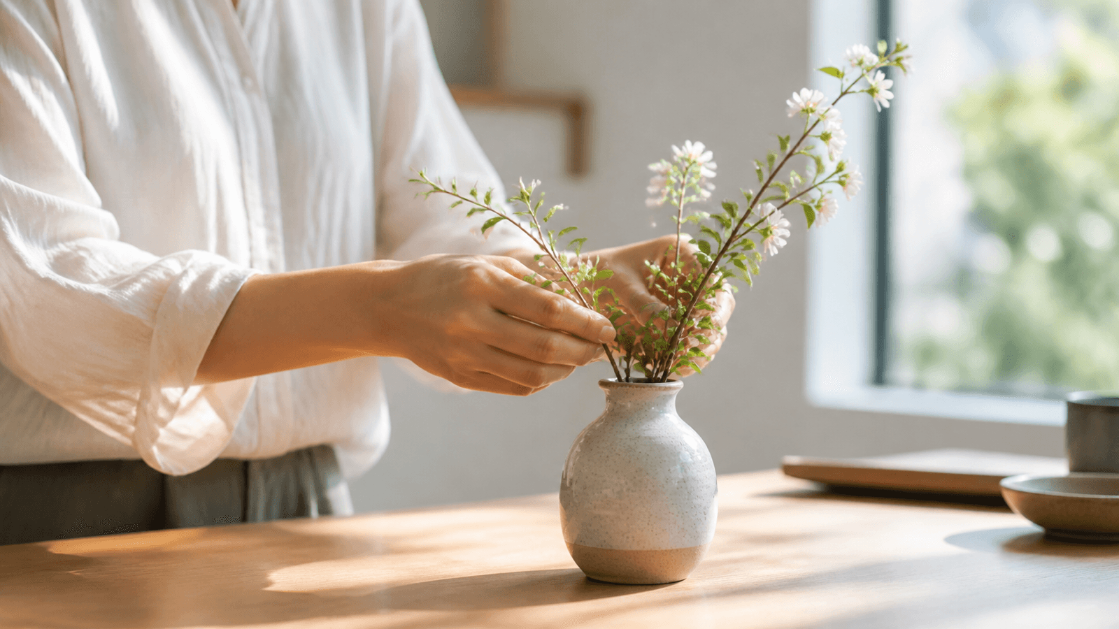 Người điều chỉnh cành hoa trong bình gốm trên bàn sáng