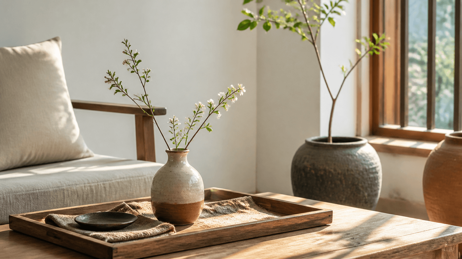 Góc phòng khách sáng với lọ hoa nhỏ, khay gỗ và ghế sofa trung tính