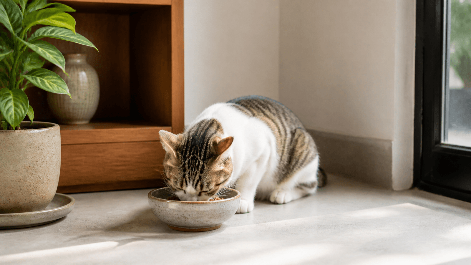 Mèo con ăn cạnh bát gốm đặt ở góc nhà sáng và gọn