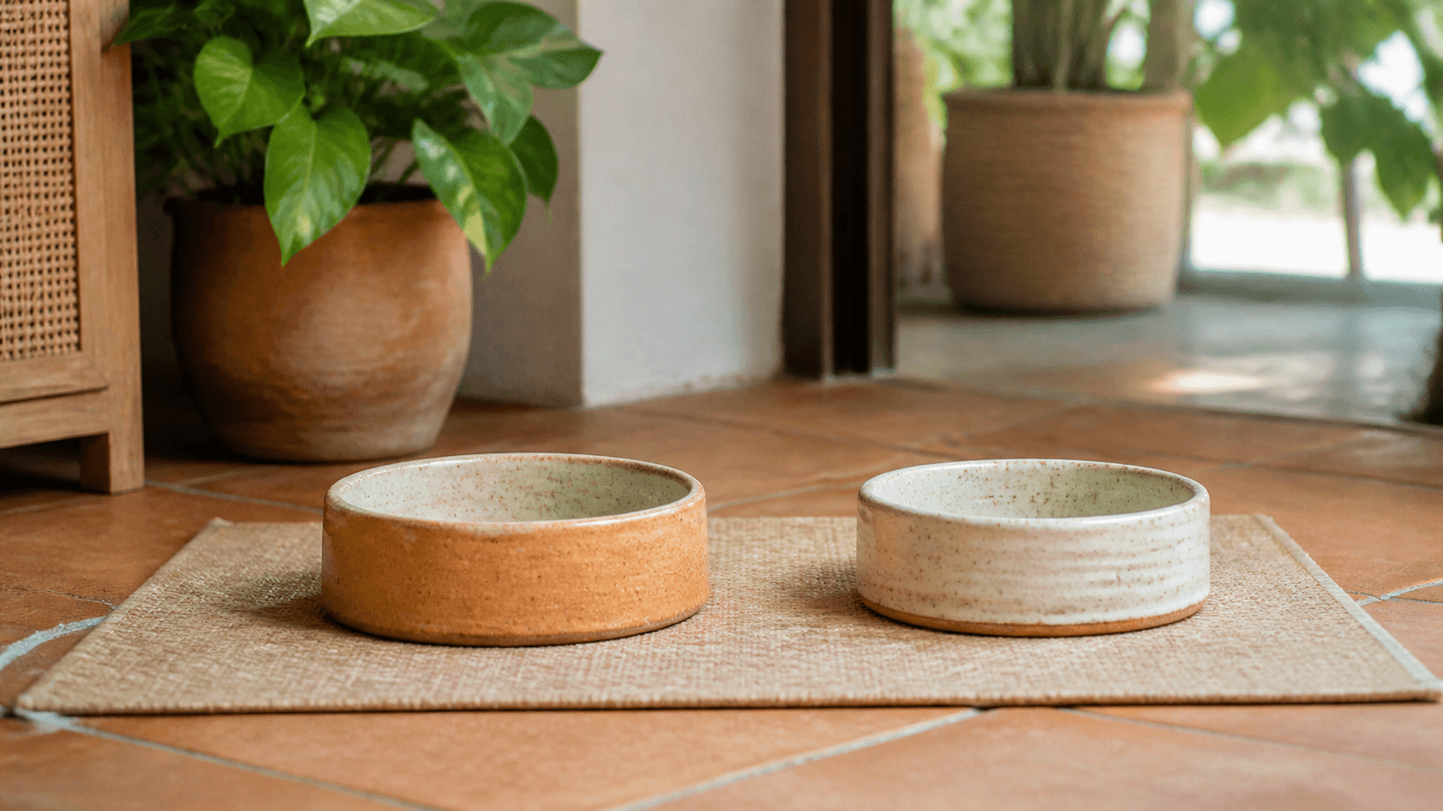 Hai bát thức ăn gốm nhỏ đặt cách nhau trên tấm lót ở sàn nhà