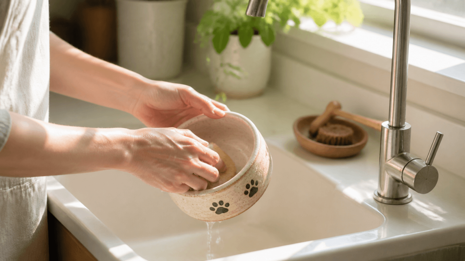 Người dùng rửa nhẹ một bát gốm nhỏ bên bồn nước sáng