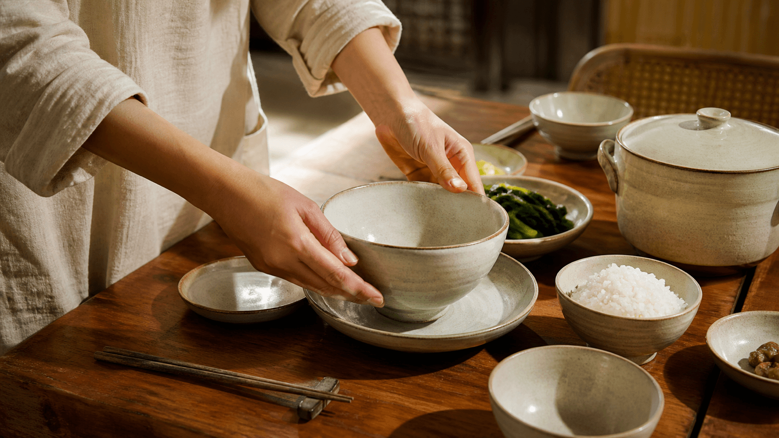 Tay người sắp bát, đĩa và bát canh trên bàn ăn gỗ sáng