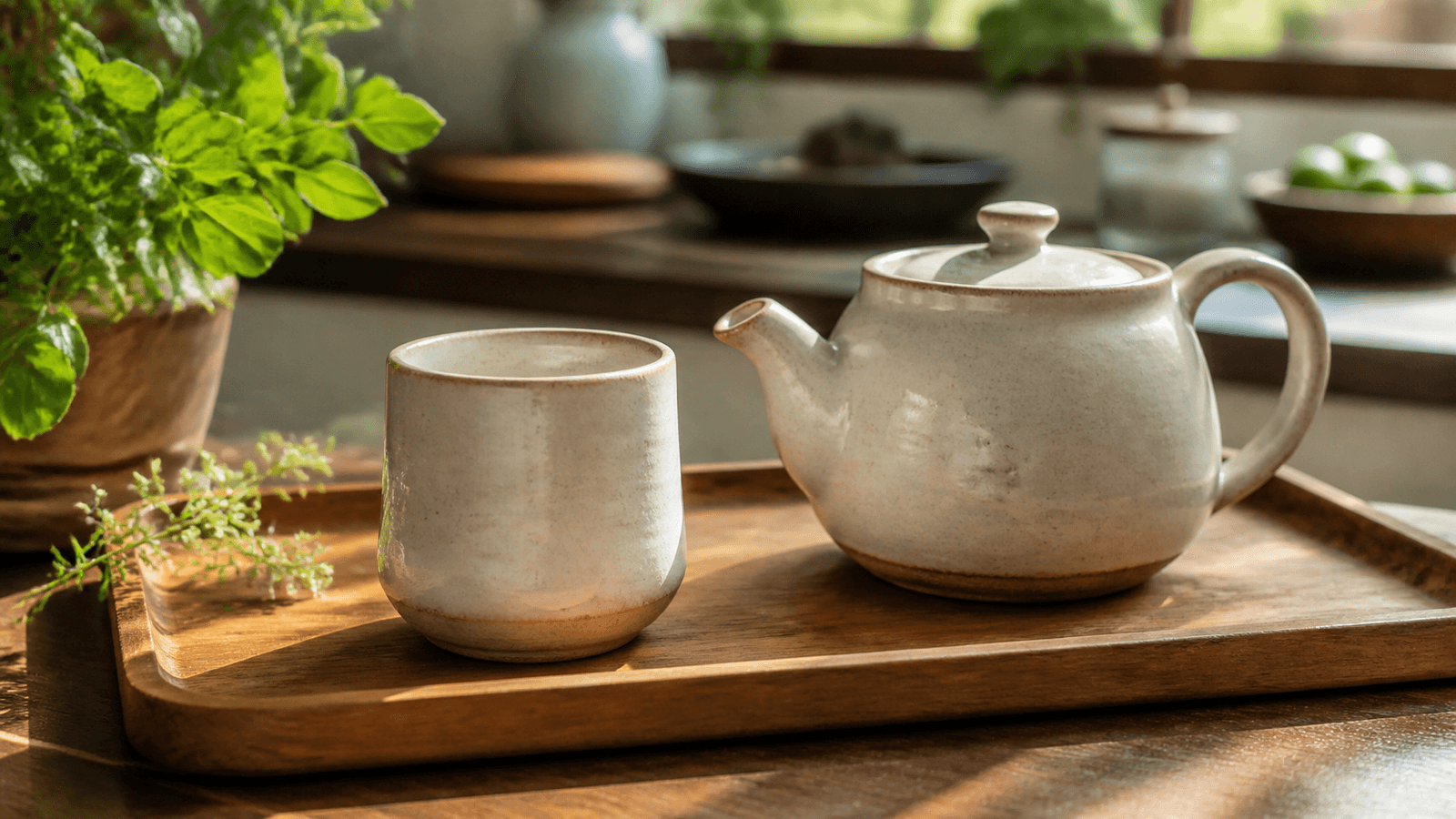 Bộ cốc sứ gốm đặt trên khay gỗ cạnh ấm trà trong căn bếp sáng