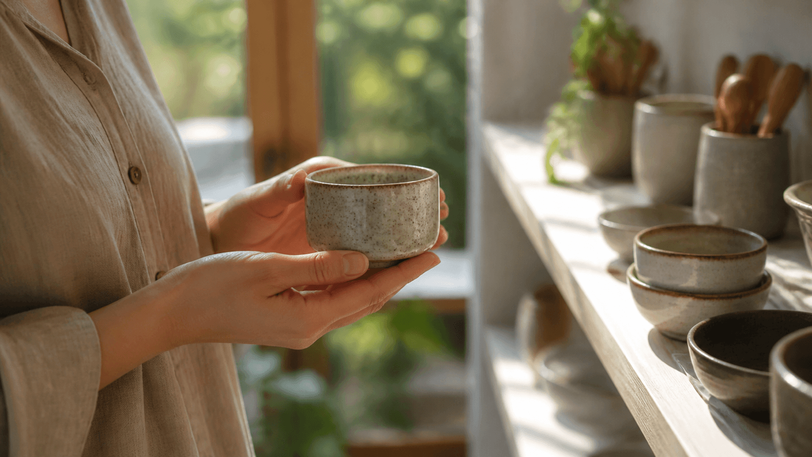 Người cầm một cốc sứ nhỏ bên kệ bếp có ánh sáng tự nhiên