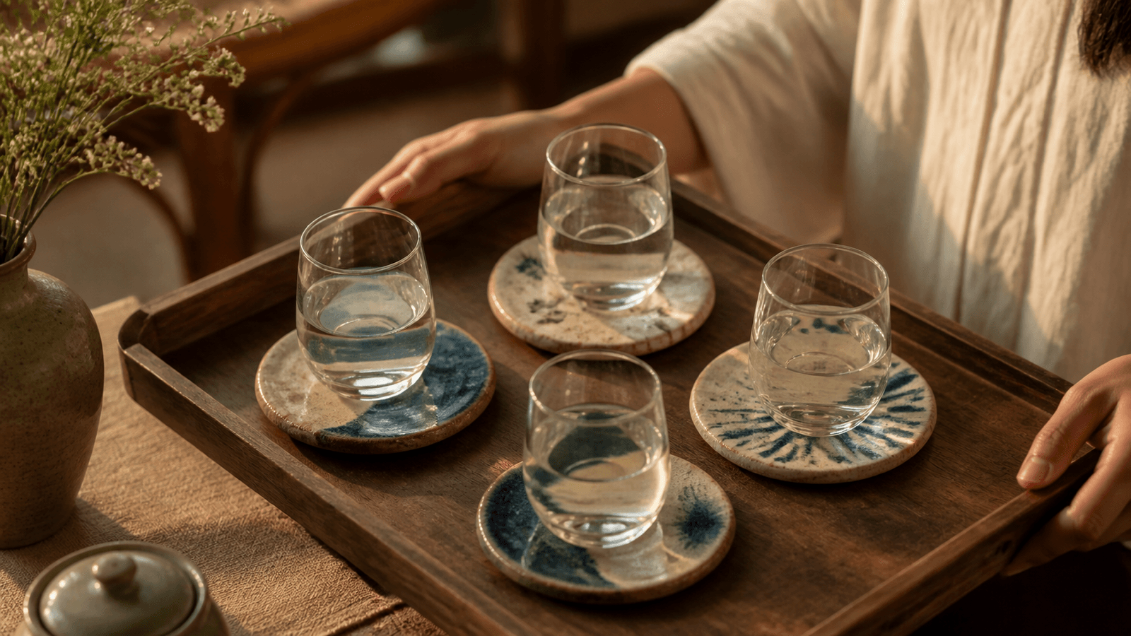 Khay tiếp khách có bốn miếng lót cốc gốm và ly thủy tinh trong ánh sáng ấm