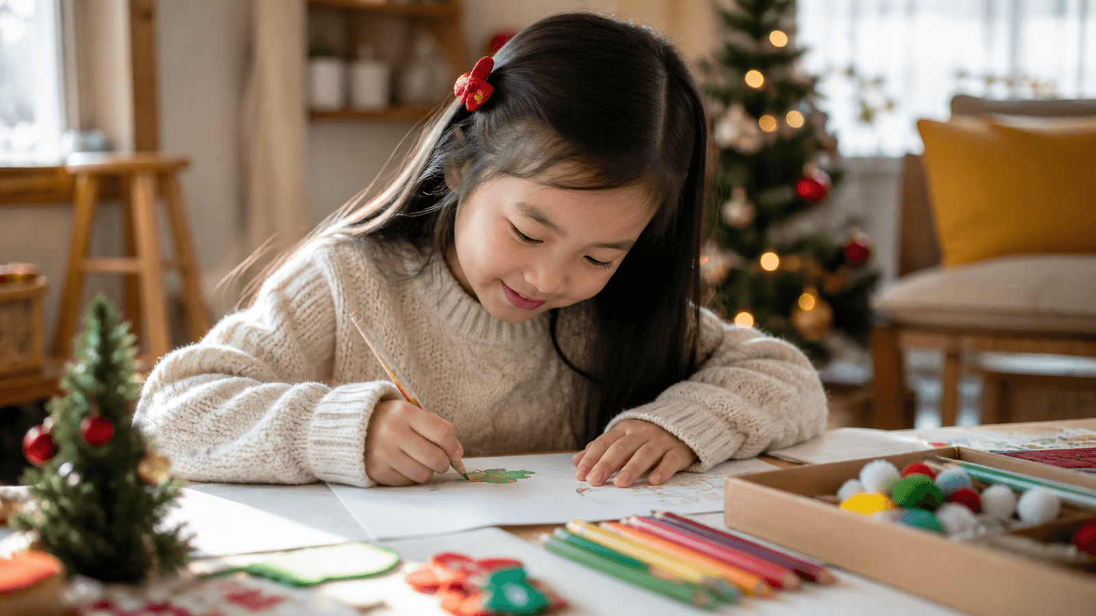 Bé gái ngồi bên bàn vẽ và hộp vật liệu thủ công trong không khí Giáng sinh