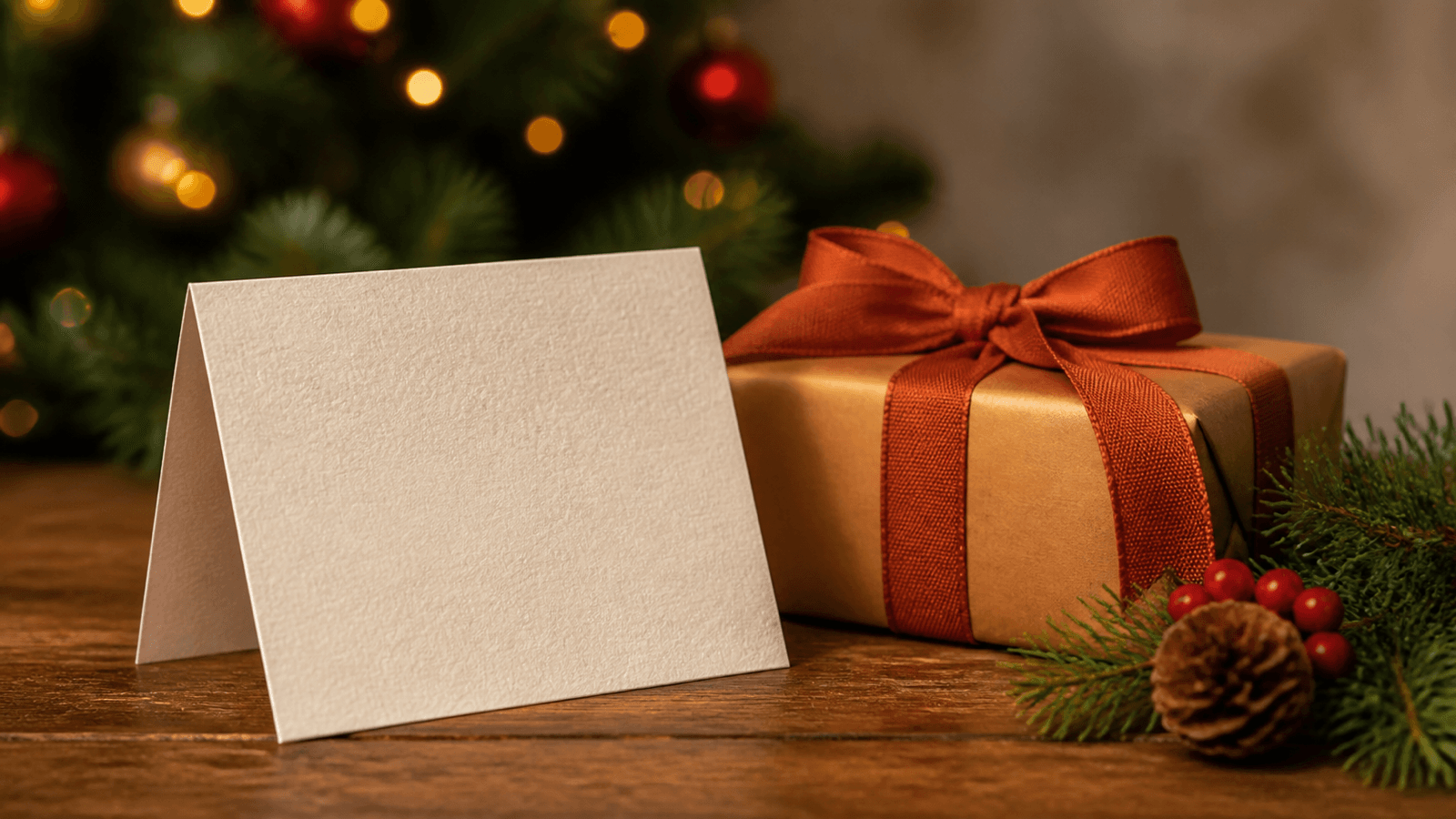 Tấm thiệp lời chúc viết tay đặt cạnh món quà Noel gói giấy màu ấm