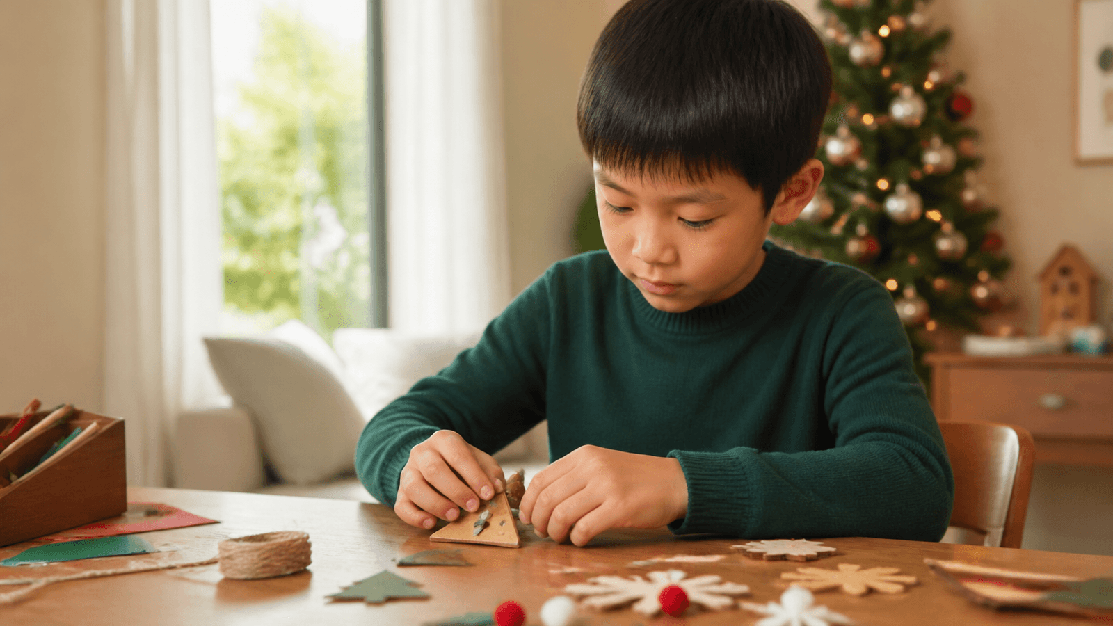 Bé trai tập trung lắp ghép vật liệu thủ công trên bàn trong không khí Noel