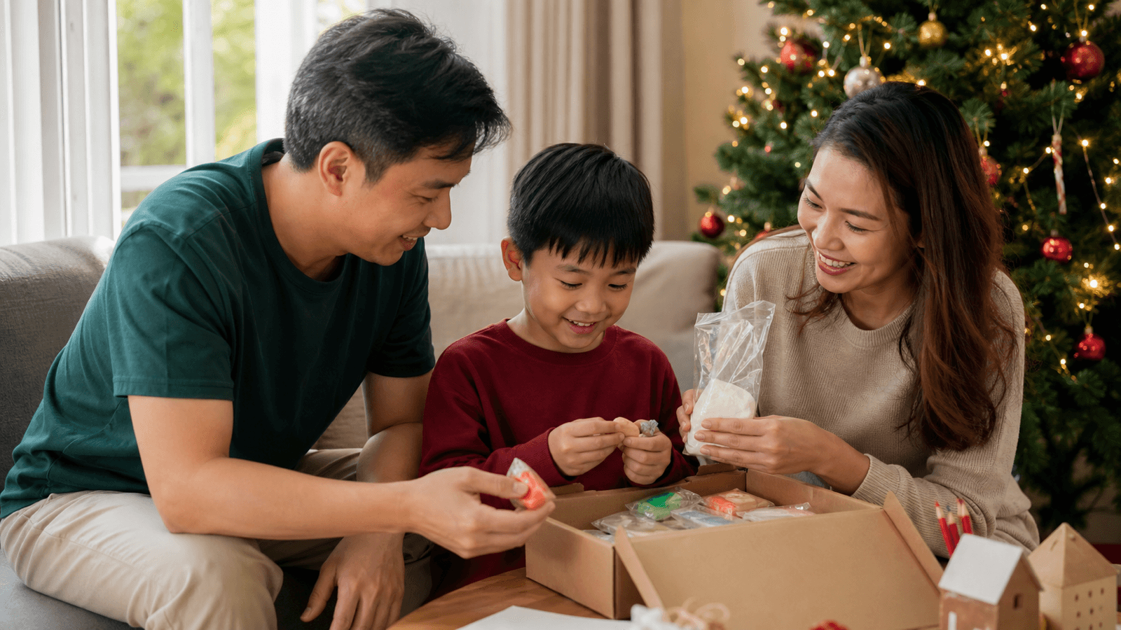 Gia đình ngồi cùng bé trai mở bộ hoạt động bên cây thông Noel nhỏ