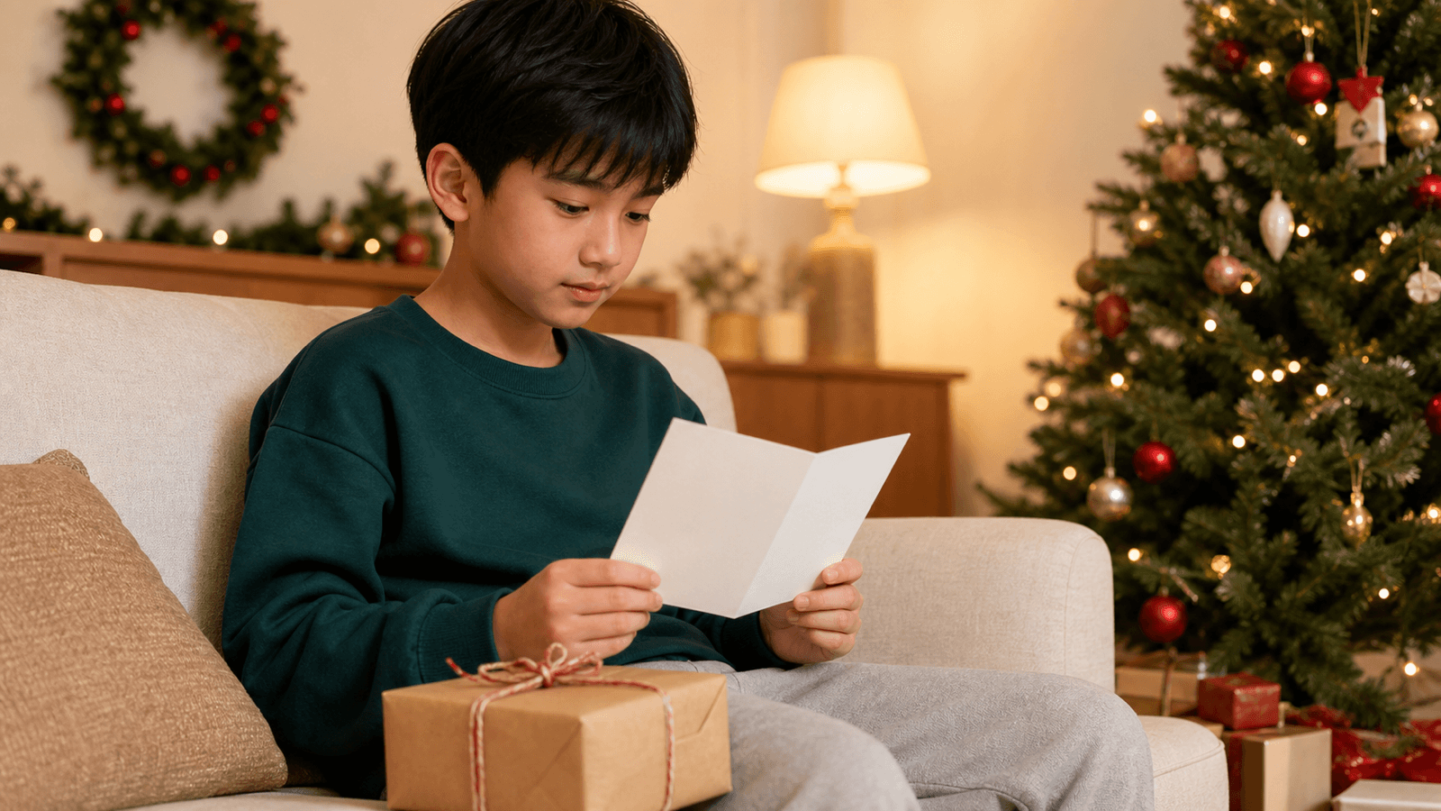 Bé trai đọc tấm thiệp nhỏ cạnh món quà Noel gói giấy giản dị