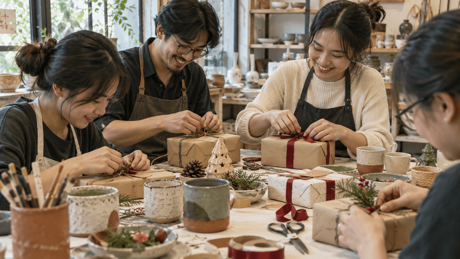 Nhóm đồng nghiệp gói những món quà Noel nhỏ trên bàn làm việc sáng