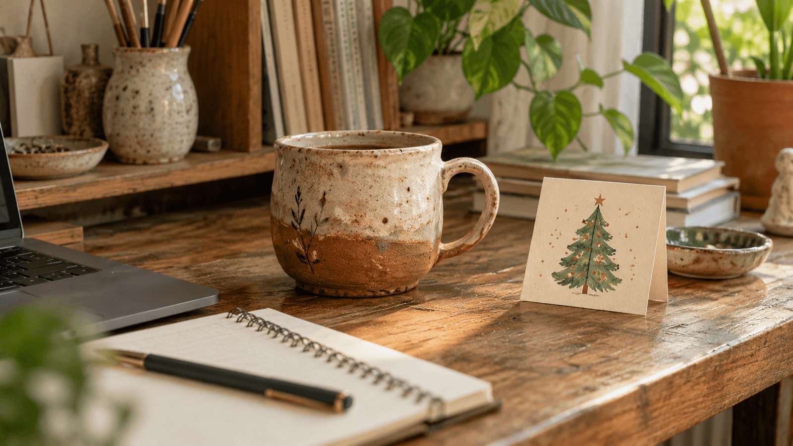 Một chiếc cốc gốm và thiệp Noel nhỏ đặt trên bàn làm việc gọn gàng