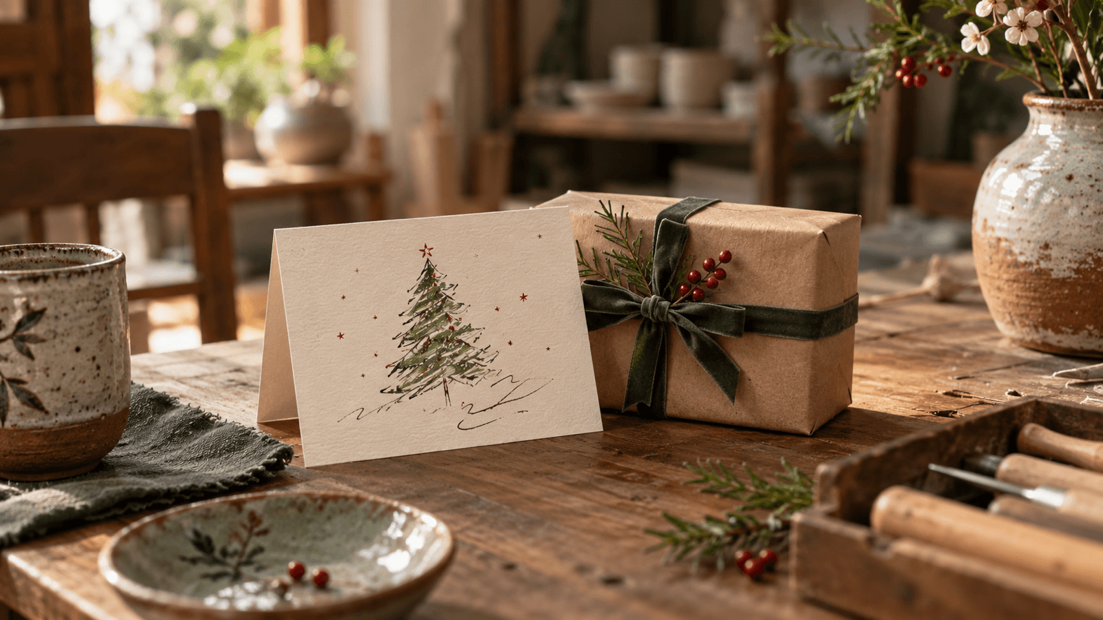 Thiệp chúc Noel viết tay đặt cạnh hộp quà nhỏ trên bàn gỗ