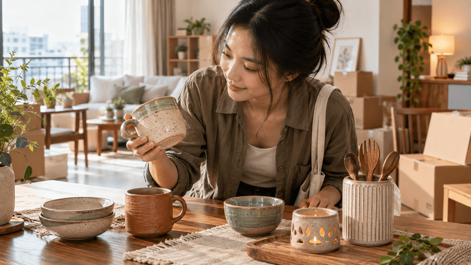 Người bạn chọn một món quà tân gia nhỏ trên bàn gỗ trong căn hộ mới