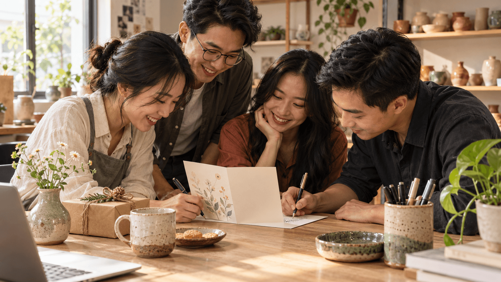 Nhóm đồng nghiệp cùng ký lời nhắn lên thiệp chia tay tại văn phòng