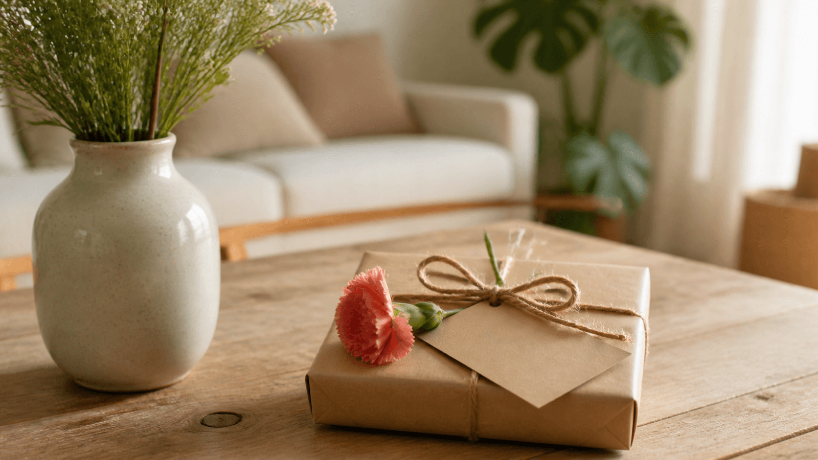 Một món quà Valentine được gói đơn giản với thiệp và nhành hoa