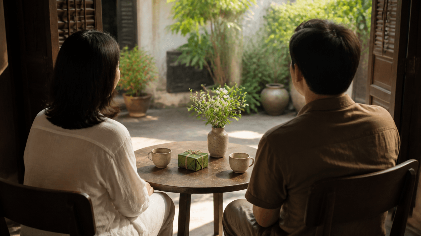 Hai người trò chuyện bên bàn có hoa và hai tách đồ uống