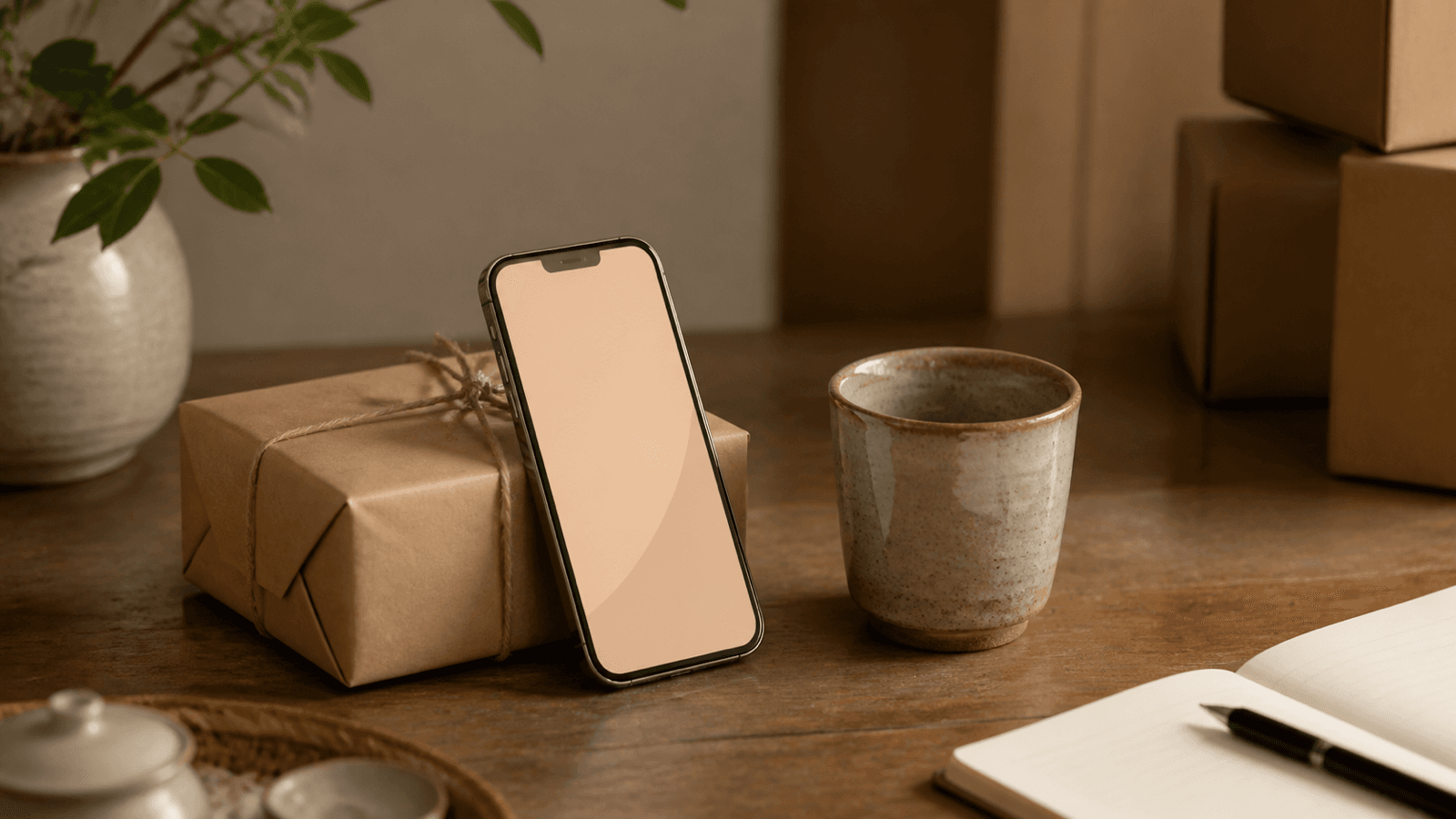 Một gói quà được buộc dây đặt cạnh điện thoại đang mở cuộc trò chuyện