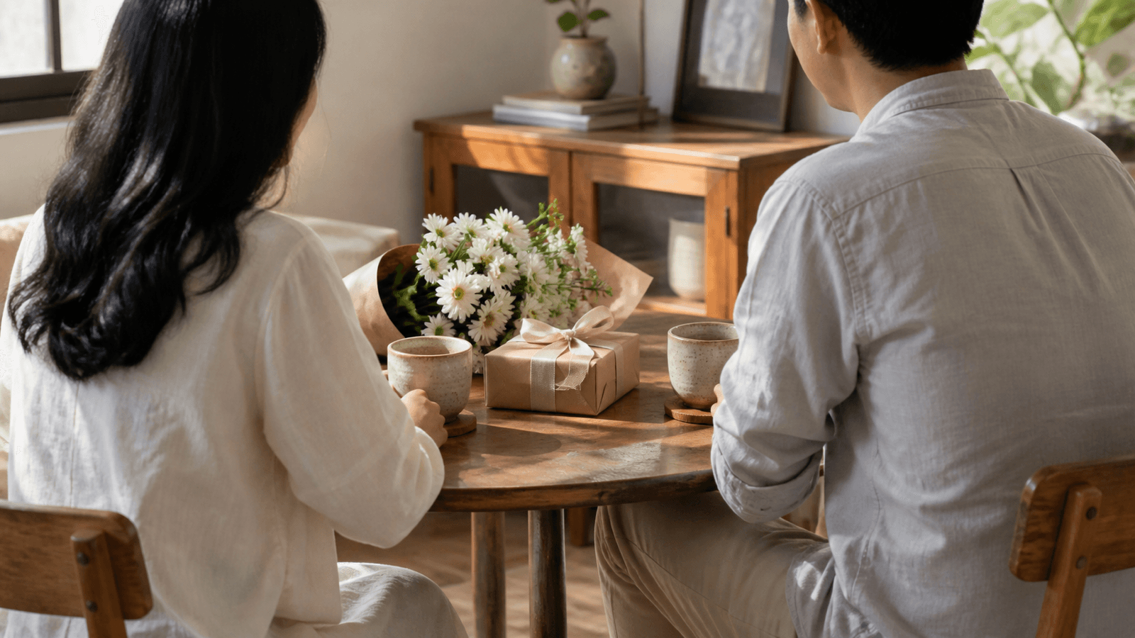 Hai người ngồi cạnh bàn nhỏ với hoa và hộp quà trong ánh sáng ấm