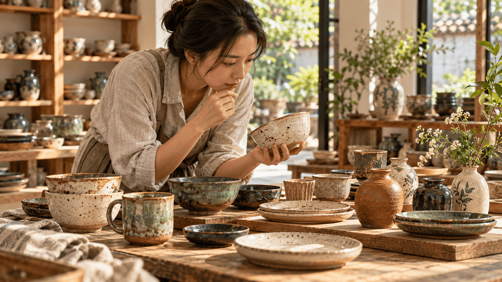 Người mua xem các mẫu gốm trên bàn trong không gian trưng bày sáng