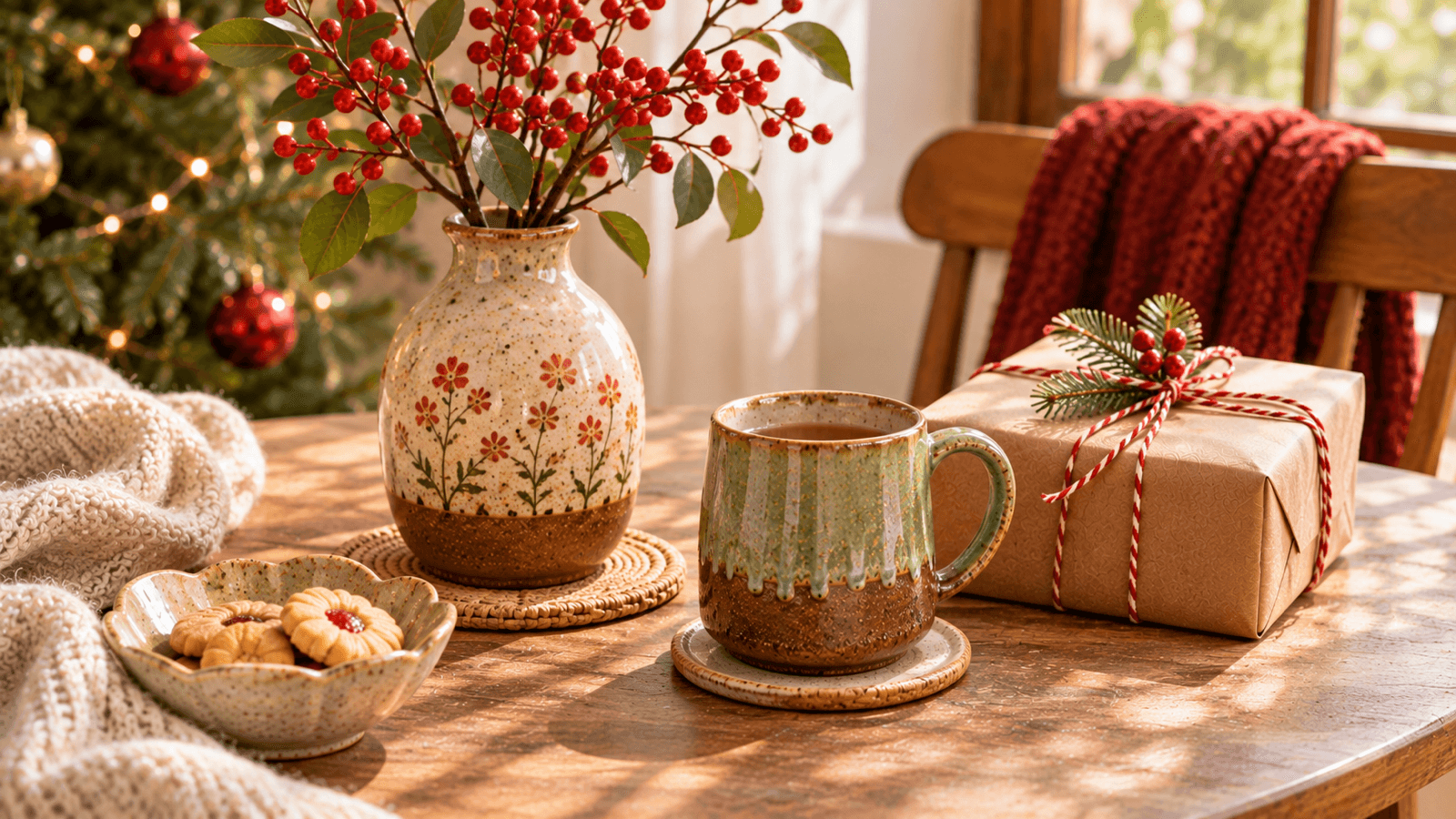 Một góc bàn ăn ấm áp với bình gốm và món quà Noel nhỏ dành cho vợ