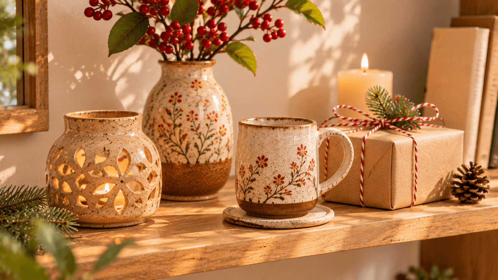 Món quà Noel cho vợ đặt cạnh bình gốm và nến ấm trên kệ gỗ sáng màu