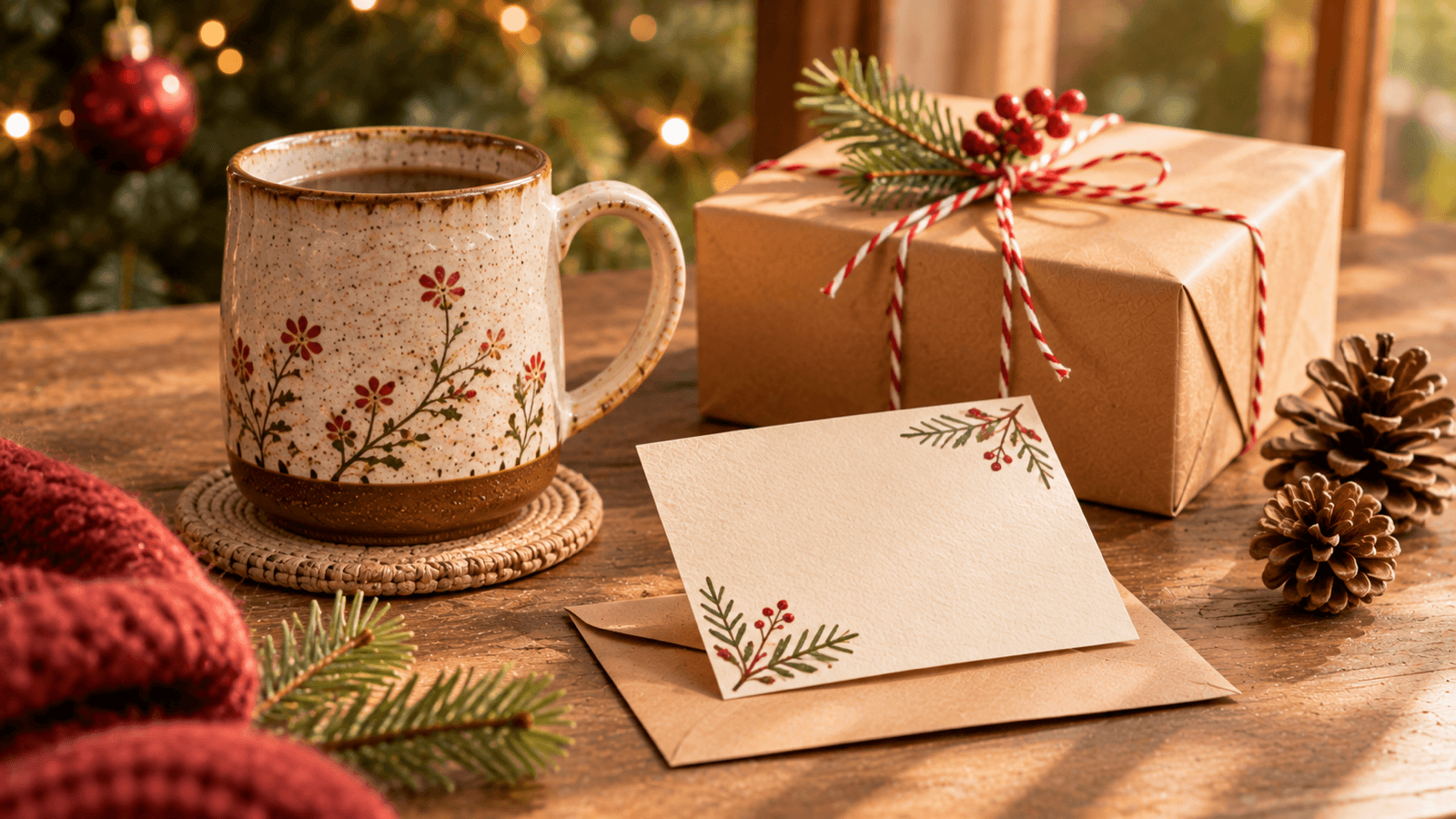 Thiệp chúc Noel viết tay đặt cạnh hộp quà và chiếc cốc gốm trên bàn gỗ