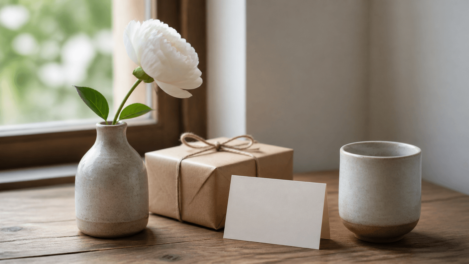 Một bông hoa nhỏ, thiệp đơn giản và gói quà đặt cạnh cửa sổ