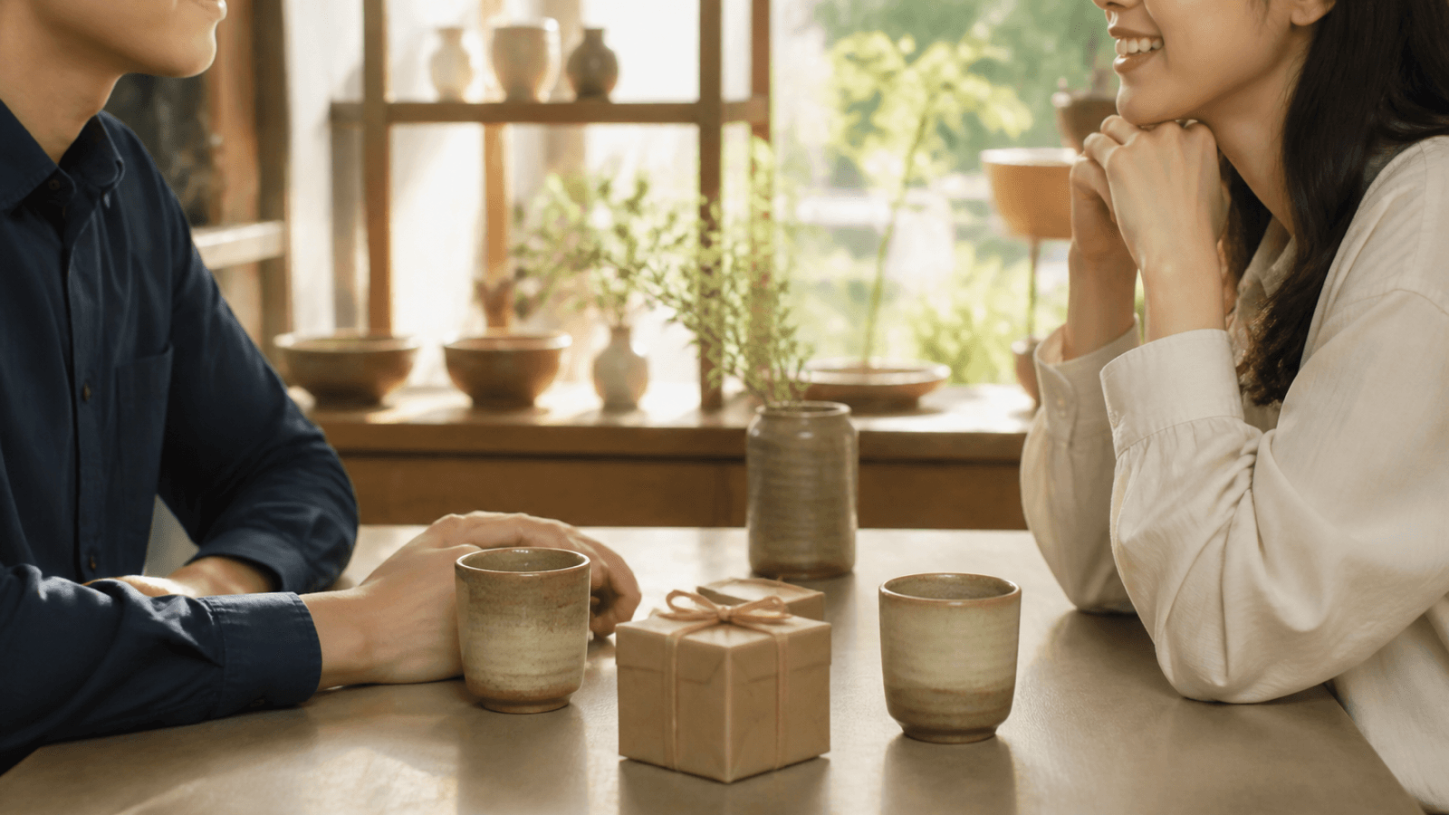 Hai người trò chuyện tại quán cà phê sáng với một gói quà nhỏ trên bàn