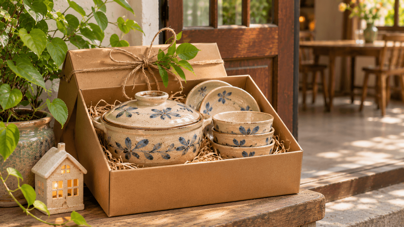 Hộp quà tân gia gốm sứ được gói giấy kraft đặt cạnh cây xanh nhỏ ở cửa nhà mới