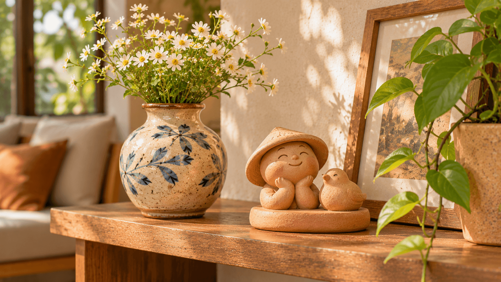 Lọ hoa gốm nhỏ và tượng gốm đất nung đặt trên kệ gỗ phòng khách nhà mới