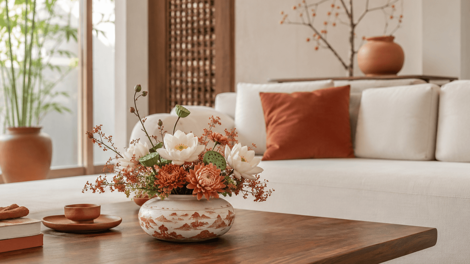 Bình hoa gốm thấp trên bàn cà phê phòng khách hiện đại tone trung tính