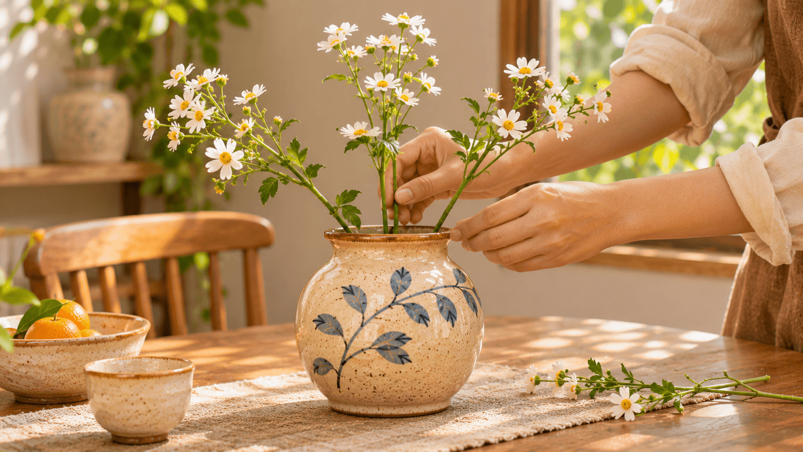 Tay người cắm ba cành hoa cúc nhỏ nghiêng hai bên trong lọ gốm miệng rộng trên bàn ăn