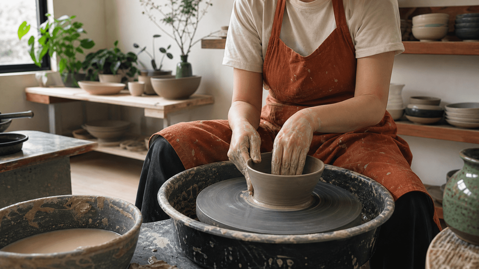 Học viên mới tạo hình gốm trên bàn xoay điện tại một studio ở Hà Nội