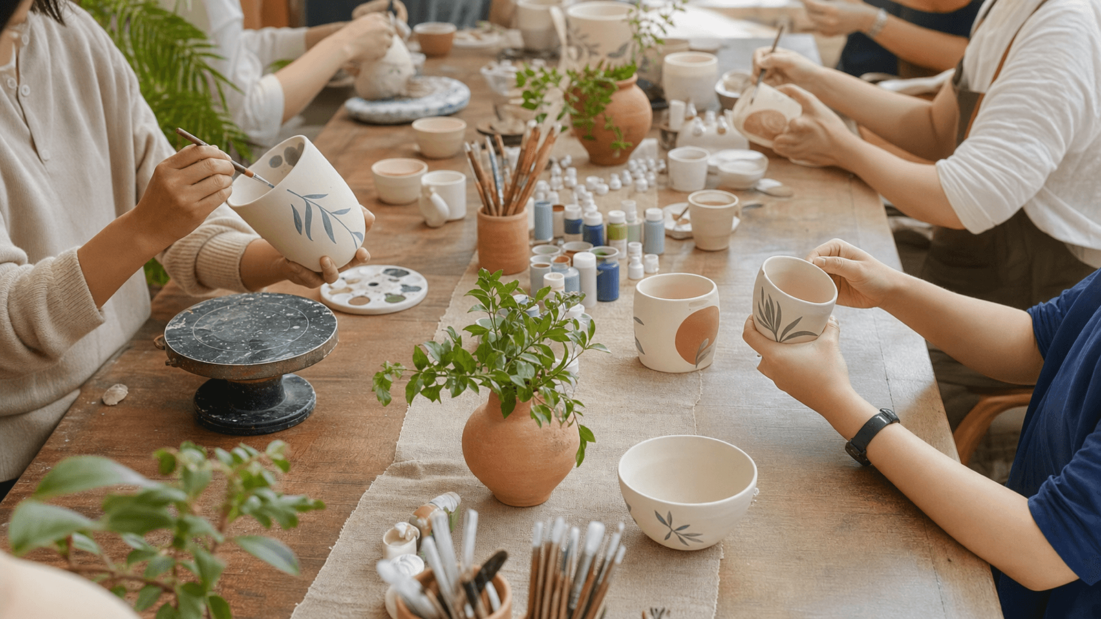 Nhóm học viên cùng trang trí gốm trong một workshop dành cho doanh nghiệp